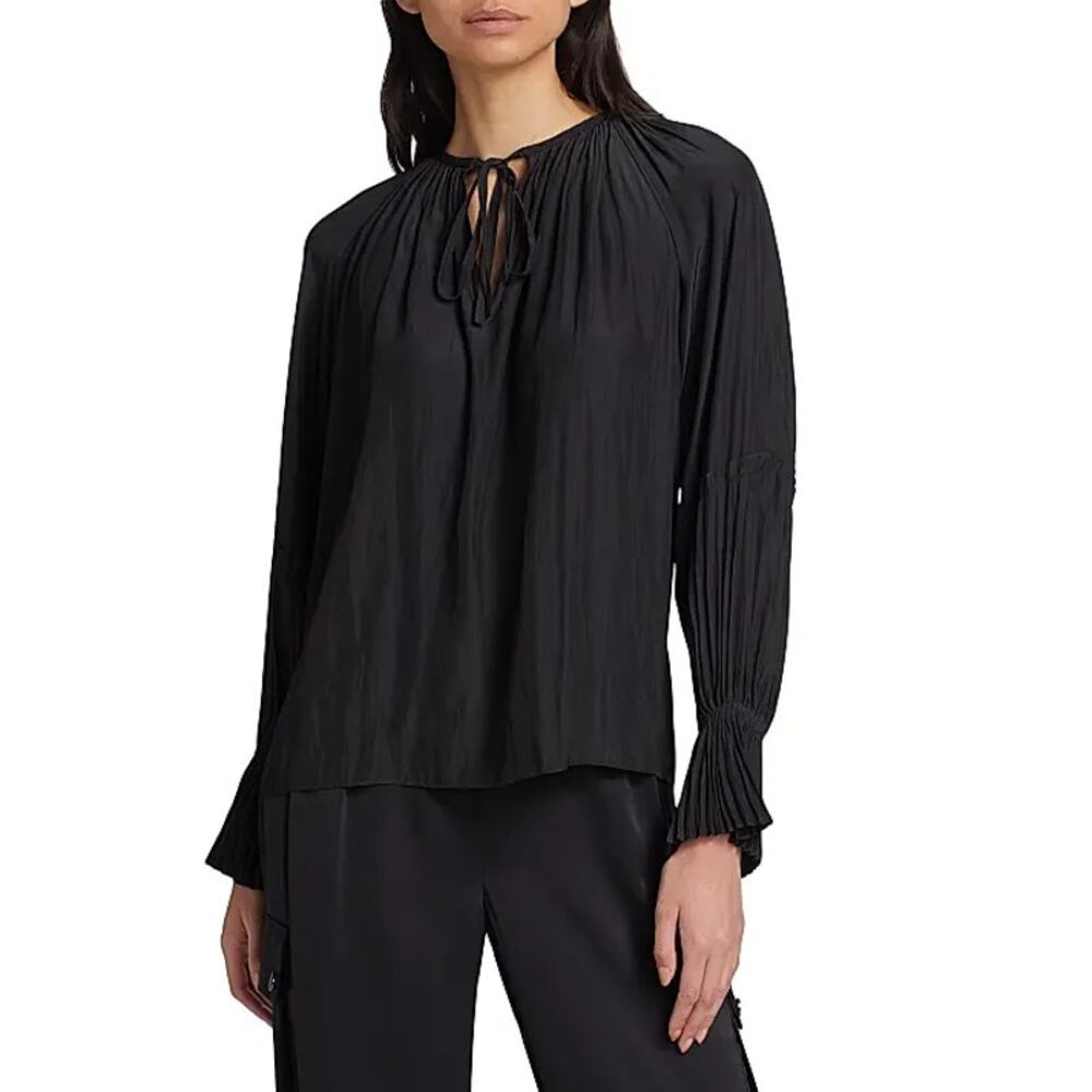 Ramy Brook Jordie Tie Front Pleated Long Sleeve Blouse Black Size Medium